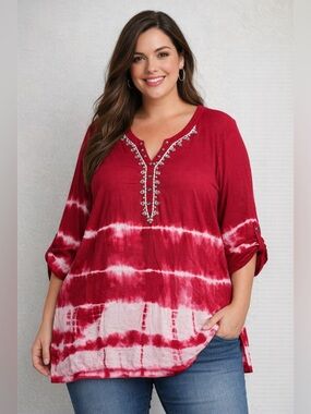 NWT Bandolino Red Tie Dye Embellished Tunic Top XXL 2XL Boho Festival Blouse